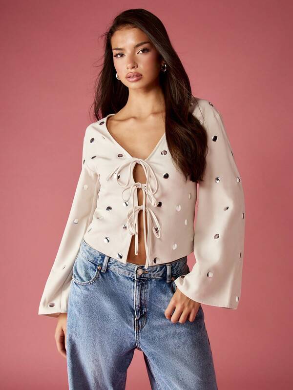 missguided MISSGUIDED Studded Blouse With Tie Front And Puff Sleeves