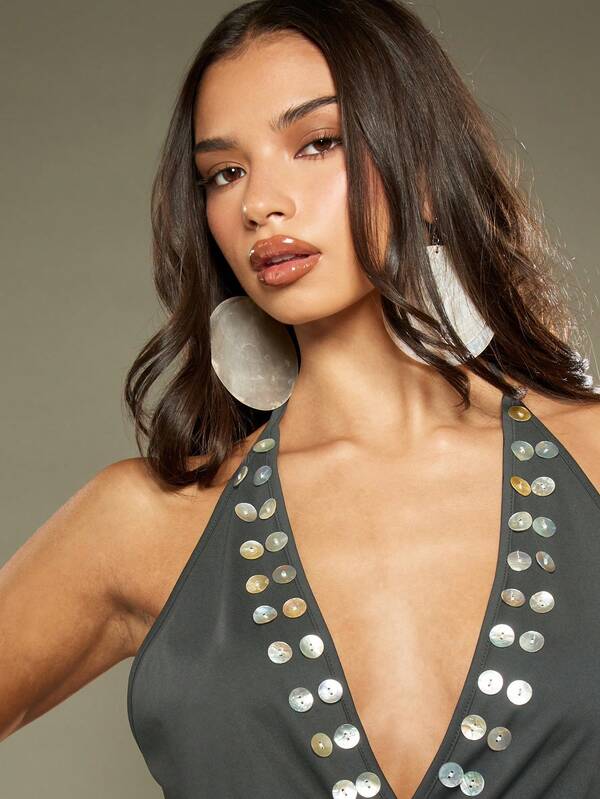 Missguided MISSGUIDED Studded Button Detail Cowl Neck Wrap Top
