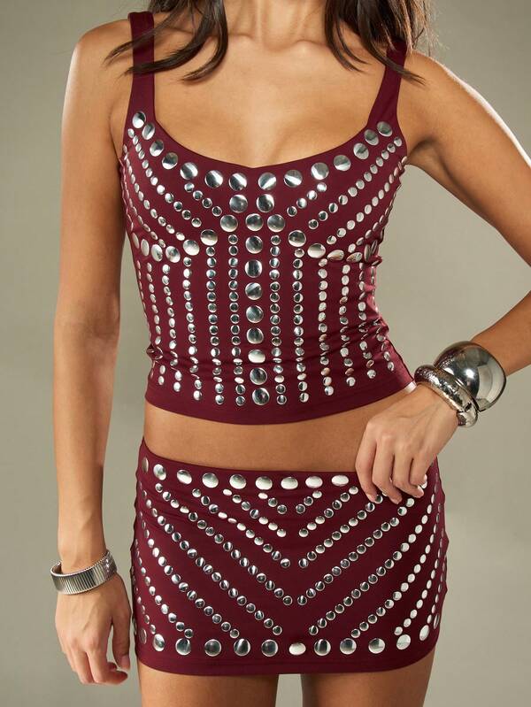 Missguided MISSGUIDED Studded Crop Top And Mini Skirt Set With Metallic Embellishments