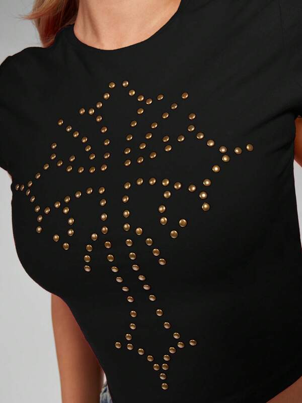 Missguided MISSGUIDED Studded Cross Baby Tee With Gold Studs