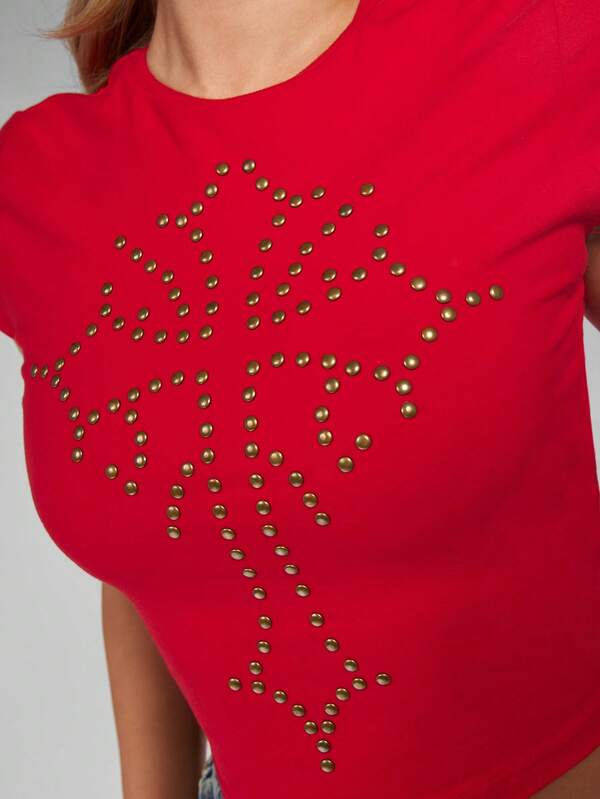 Missguided MISSGUIDED Studded Cross Design Cap Sleeve Baby Tee