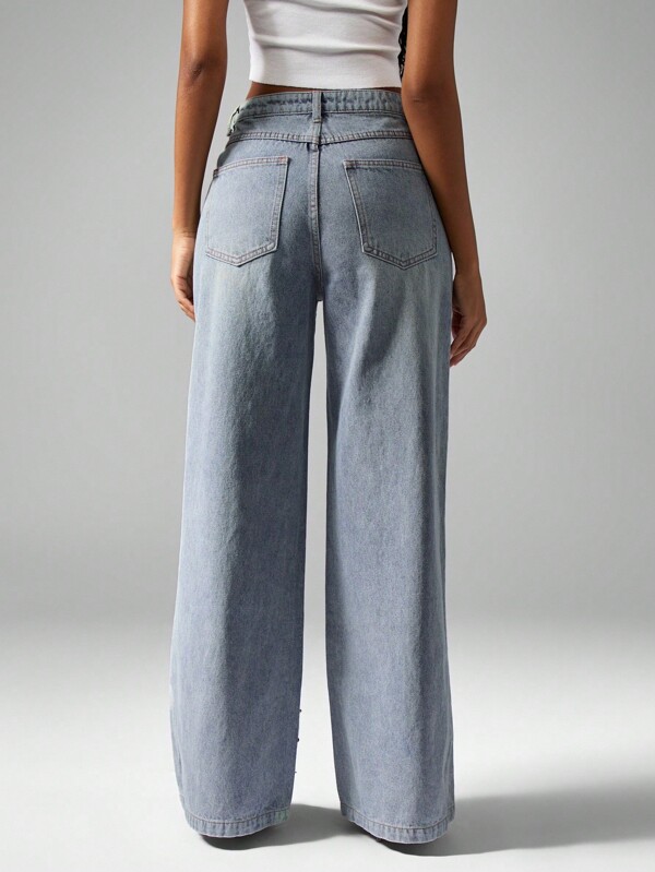 Missguided MISSGUIDED Studded Embellished Rhinestone Distressed Wide Leg Statement Jeans