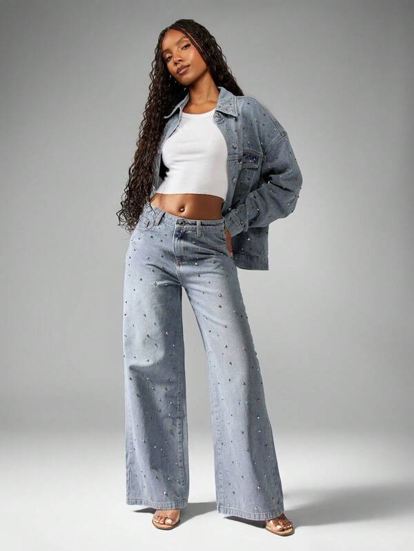 Missguided MISSGUIDED Studded Embellished Rhinestone Distressed Wide Leg Statement Jeans