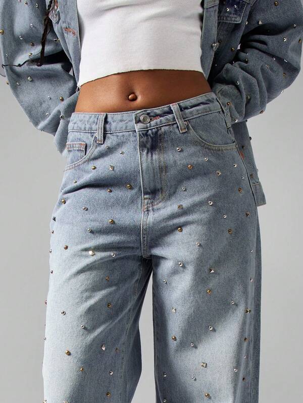 Missguided MISSGUIDED Studded Embellished Rhinestone Distressed Wide Leg Statement Jeans
