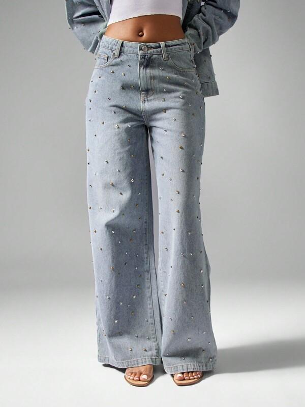 missguided MISSGUIDED Studded Embellished Rhinestone Distressed Wide Leg Statement Jeans