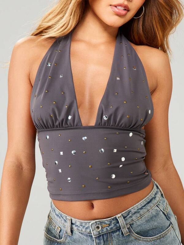 Missguided MISSGUIDED Studded Grey Halter Neck Crop Top With Crystal Details