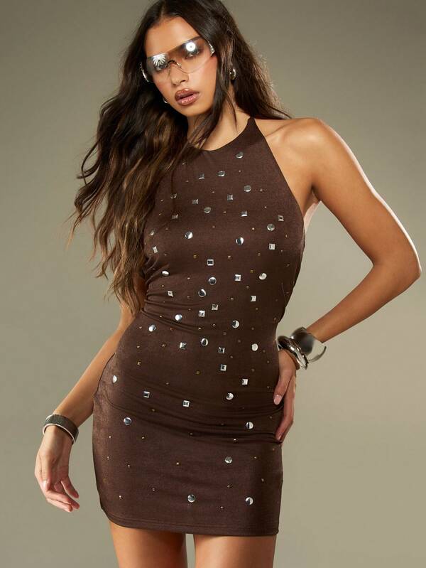 missguided MISSGUIDED Studded Halter Mini Dress With Back Ties