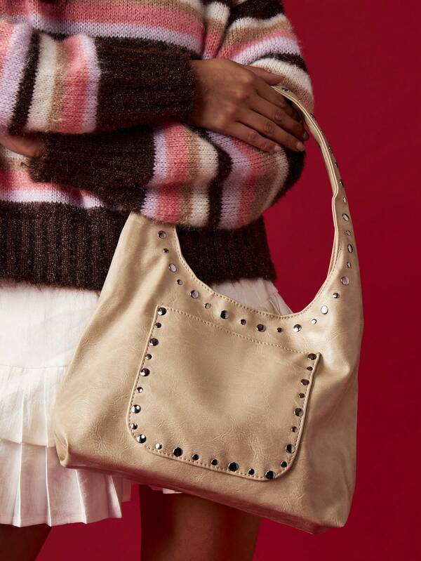 Missguided MISSGUIDED Studded Hobo Shoulder Bag With Front Pocket