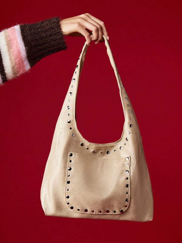 missguided MISSGUIDED Studded Hobo Shoulder Bag With Front Pocket