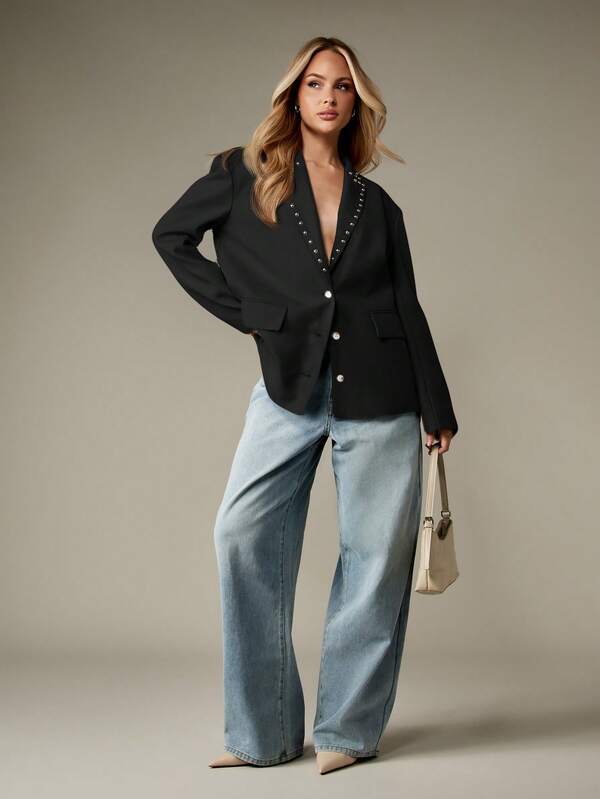 Missguided MISSGUIDED Studded Lapel Blazer With Pearl Buttons
