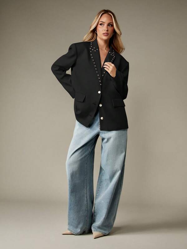 Missguided MISSGUIDED Studded Lapel Blazer With Pearl Buttons