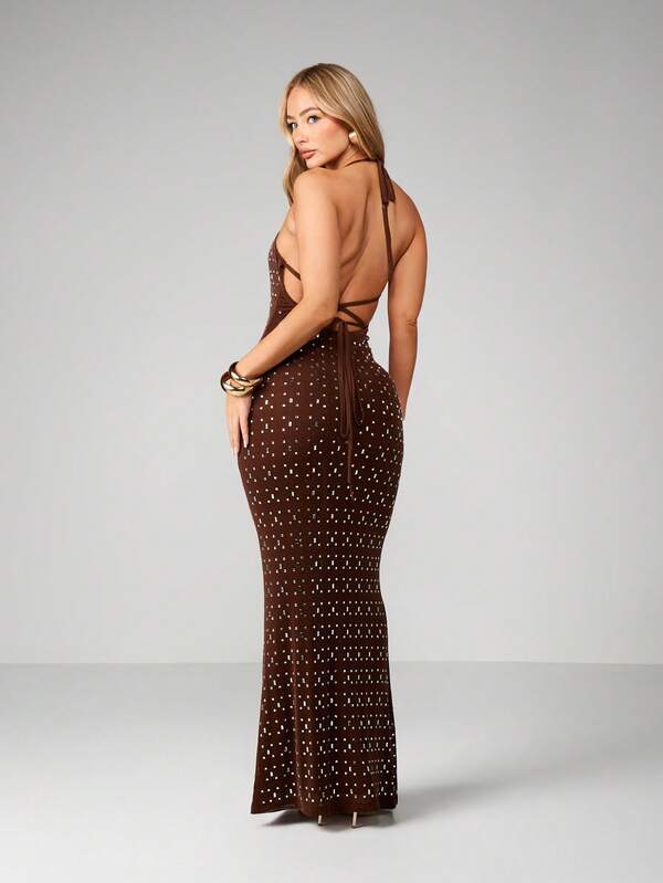 Missguided MISSGUIDED Studded Mesh Halter Maxi Dress