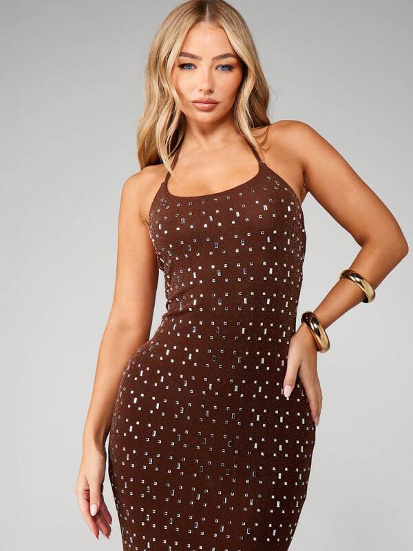 Missguided MISSGUIDED Studded Mesh Halter Maxi Dress