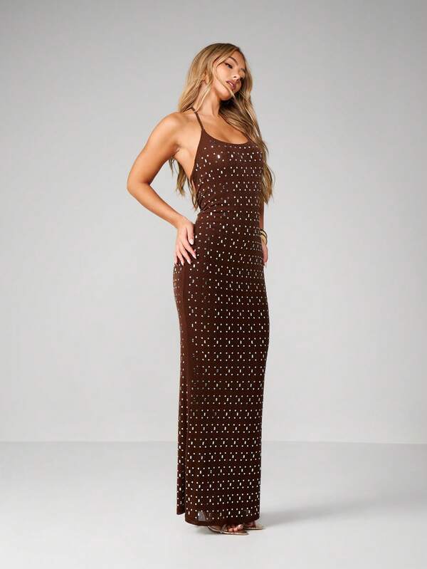 missguided MISSGUIDED Studded Mesh Halter Maxi Dress