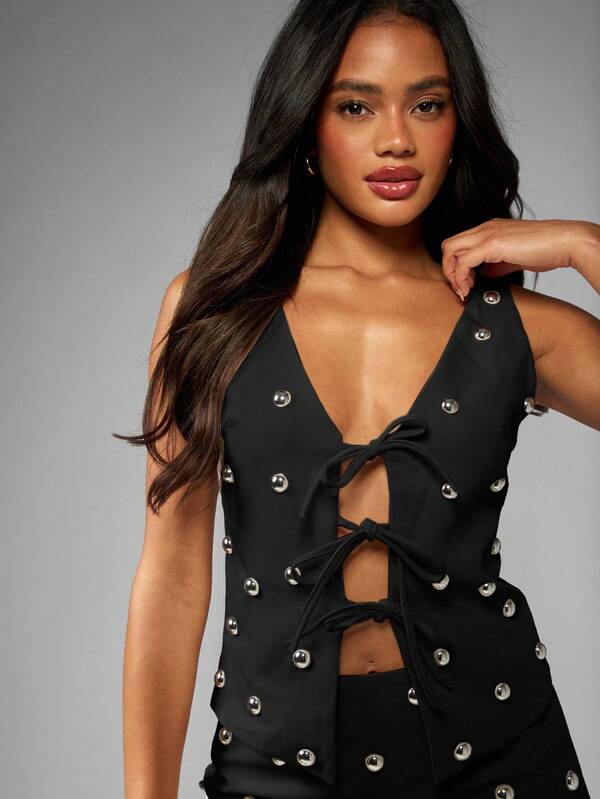 missguided MISSGUIDED Studded Mini Waistcoat With Front Tie Closure