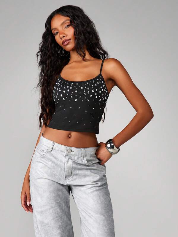 Missguided MISSGUIDED Studded Rhinestone Cami Tank Top