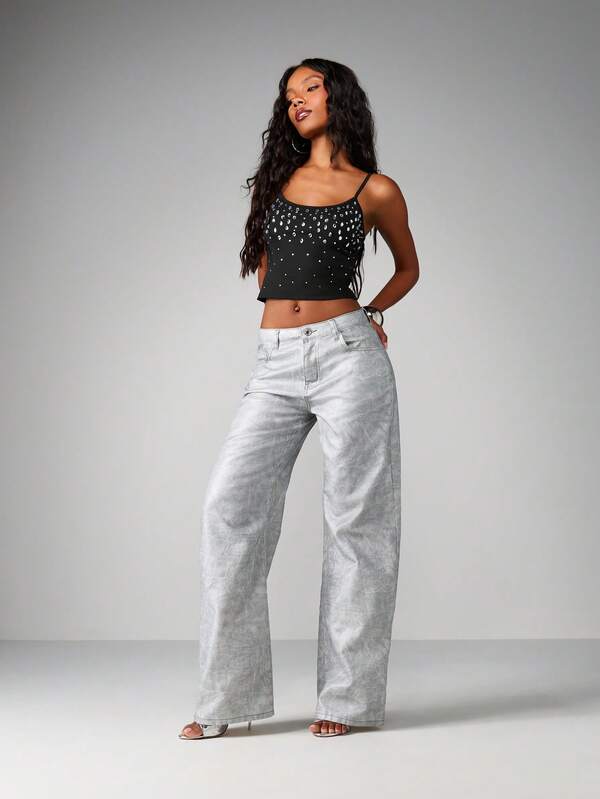 Missguided MISSGUIDED Studded Rhinestone Cami Tank Top