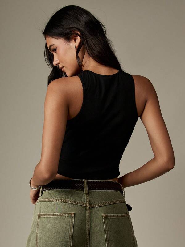 Missguided MISSGUIDED Studded Ribbed Knit Halter Crop Tank With Metallic Details