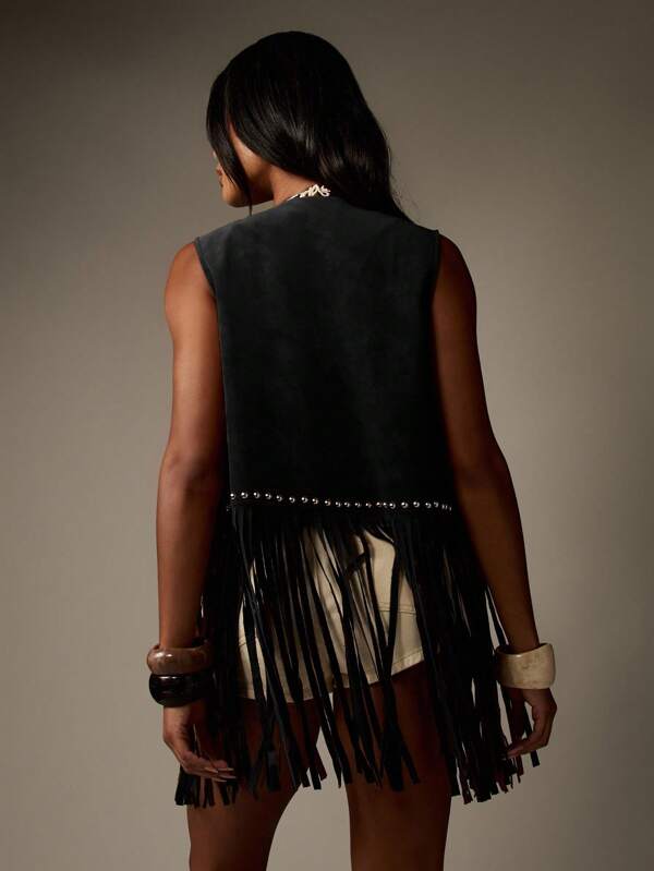 Missguided MISSGUIDED Studded Suede Fringe Vest With Metal Details