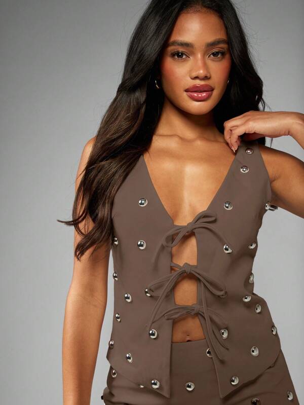missguided MISSGUIDED Studded Tie Front Waistcoat With Side Cutouts