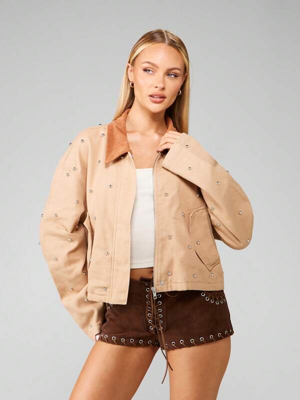 Missguided MISSGUIDED Studded Workwear Jacket With Corduroy Collar