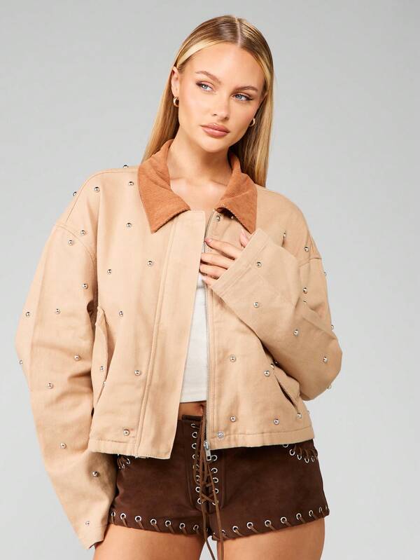 missguided MISSGUIDED Studded Workwear Jacket With Corduroy Collar