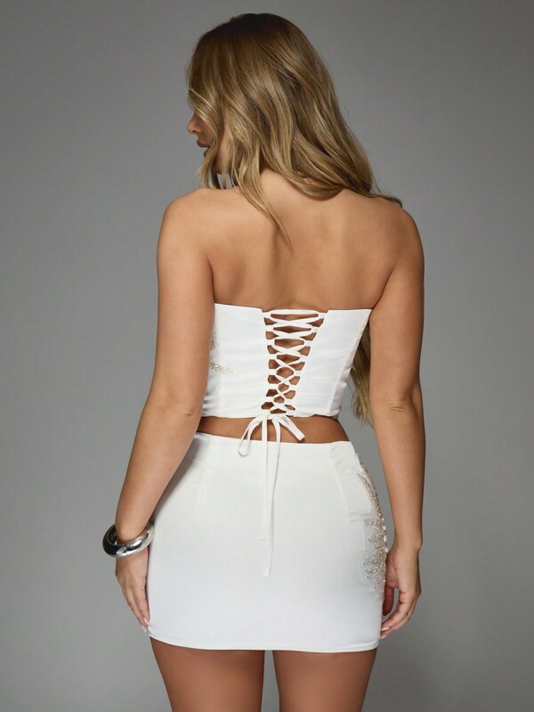 Missguided MISSGUIDED Stunning Sequin Starburst Corset Two-Piece Set With Pearl Detail Mini Skirt