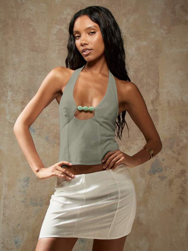 missguided MISSGUIDED Stylish Halter Neck Linen Crop Top