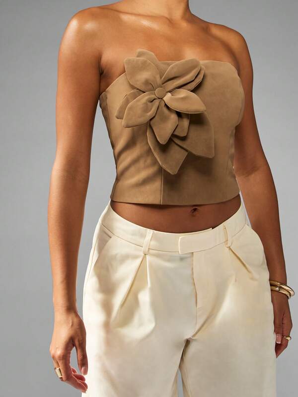 Missguided MISSGUIDED Suede Bandeau Corset Top With Floral Bow Detail