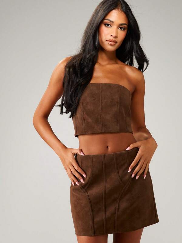 Missguided MISSGUIDED Suede Bandeau Corset Top With Vertical Seams