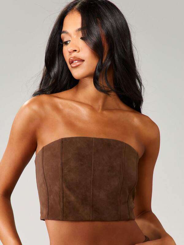 missguided MISSGUIDED Suede Bandeau Corset Top With Vertical Seams