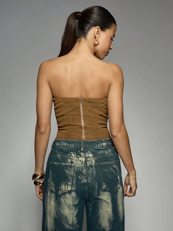 Missguided MISSGUIDED Suede Bandeau Corset Top With Zipper Detail