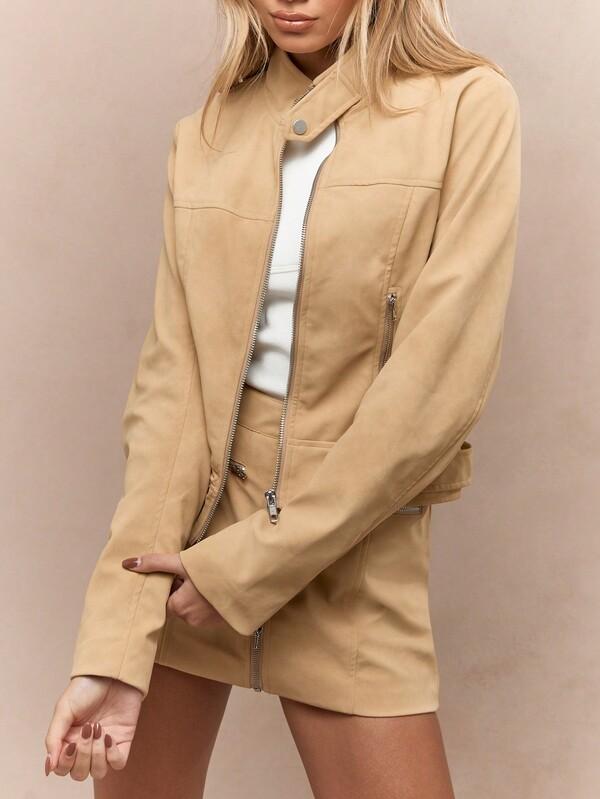Missguided MISSGUIDED Suede Biker Jacket With Matching Mini Skirt