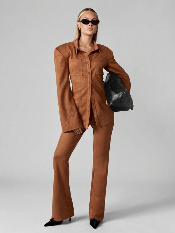 Missguided MISSGUIDED Suede Collared Shirt And Flared Pants Co-Ord Set