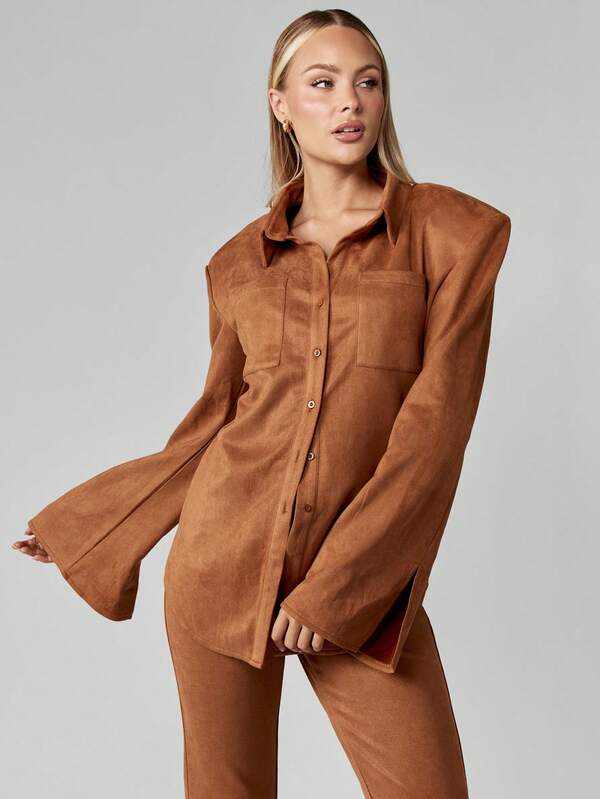 Missguided MISSGUIDED Suede Collared Shirt And Flared Pants Co-Ord Set