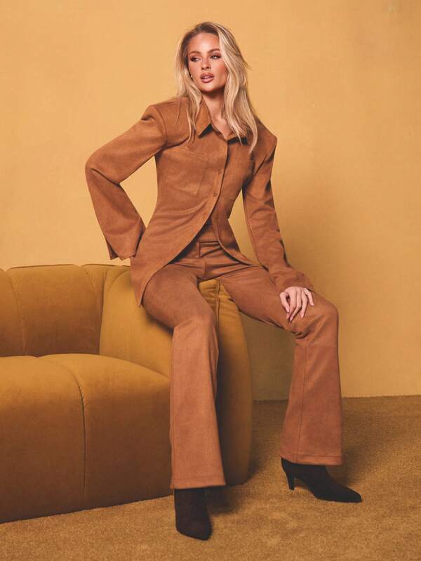 missguided MISSGUIDED Suede Collared Shirt And Flared Pants Co-Ord Set