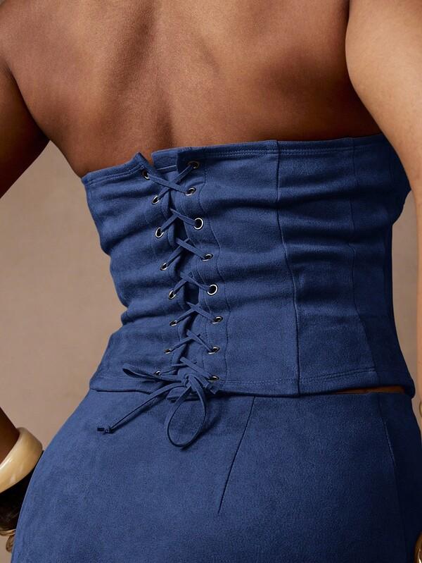 Missguided MISSGUIDED Suede Corset Style Bustier Top With Mini Skirt