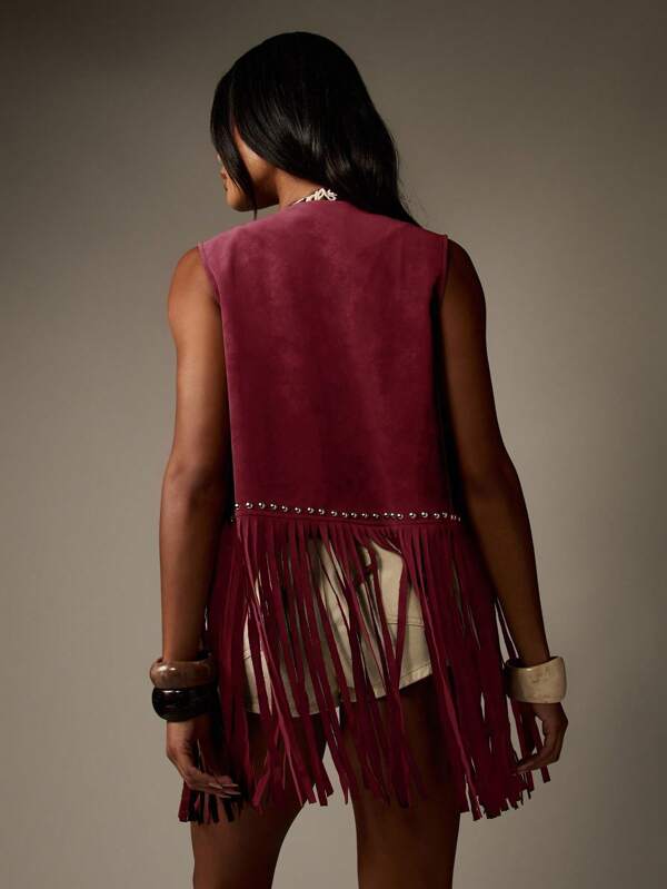 Missguided MISSGUIDED Suede Fringe Vest With Studded Details