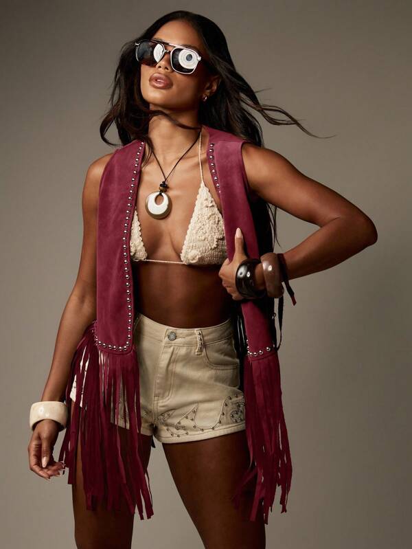 missguided MISSGUIDED Suede Fringe Vest With Studded Details