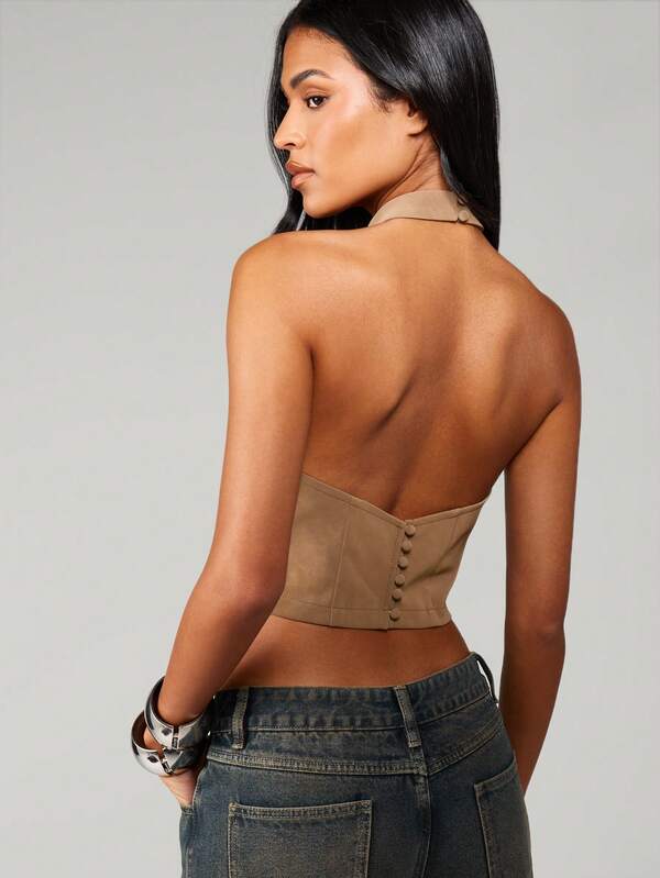 Missguided MISSGUIDED Suede Halter Neck Crop Top With Buttons