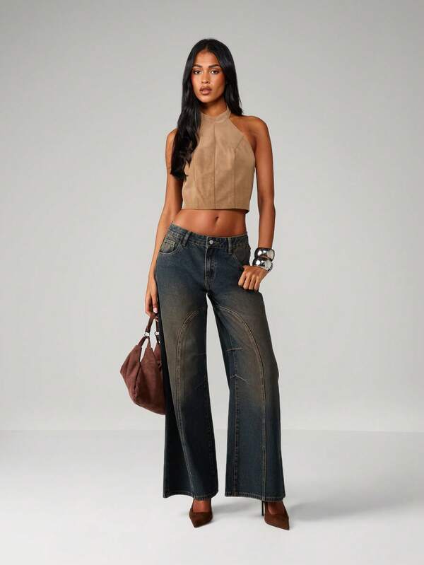 Missguided MISSGUIDED Suede Halter Neck Crop Top With Buttons