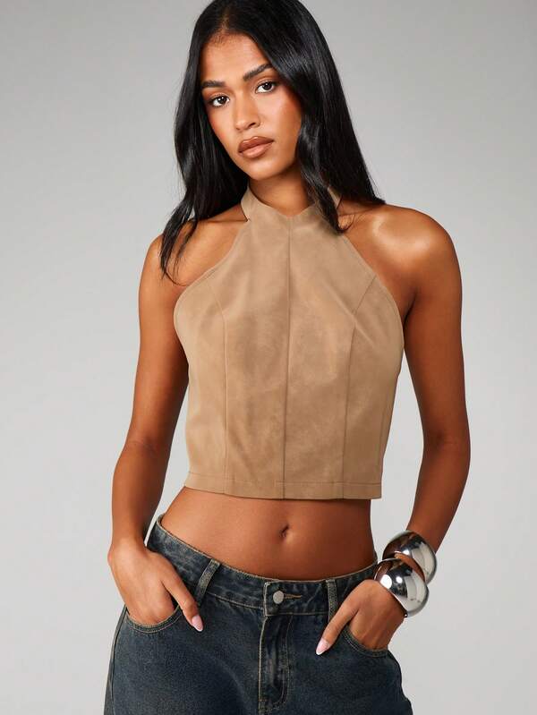 missguided MISSGUIDED Suede Halter Neck Crop Top With Buttons