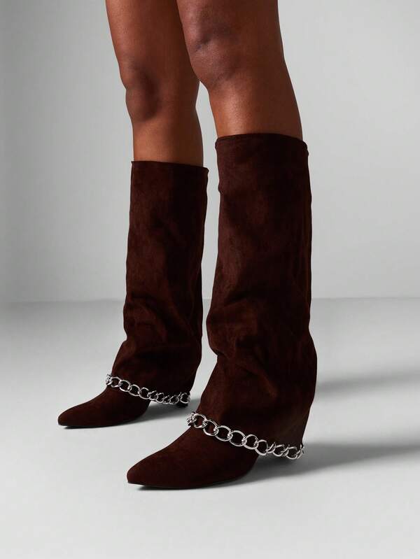 Missguided MISSGUIDED Suede Knee High Boots With Chain Detail