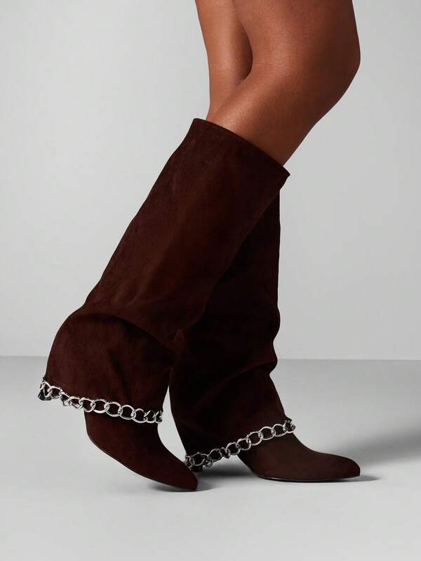 Missguided MISSGUIDED Suede Knee High Boots With Chain Detail