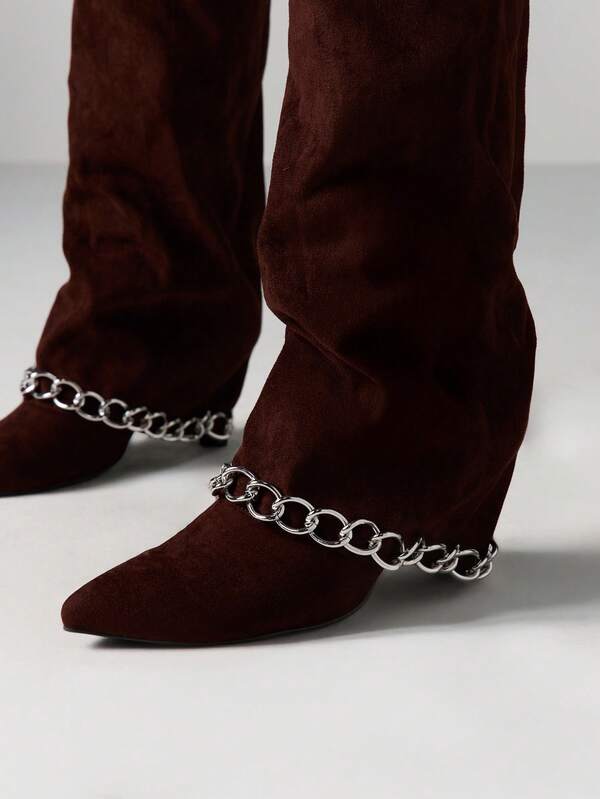 Missguided MISSGUIDED Suede Knee High Boots With Chain Detail