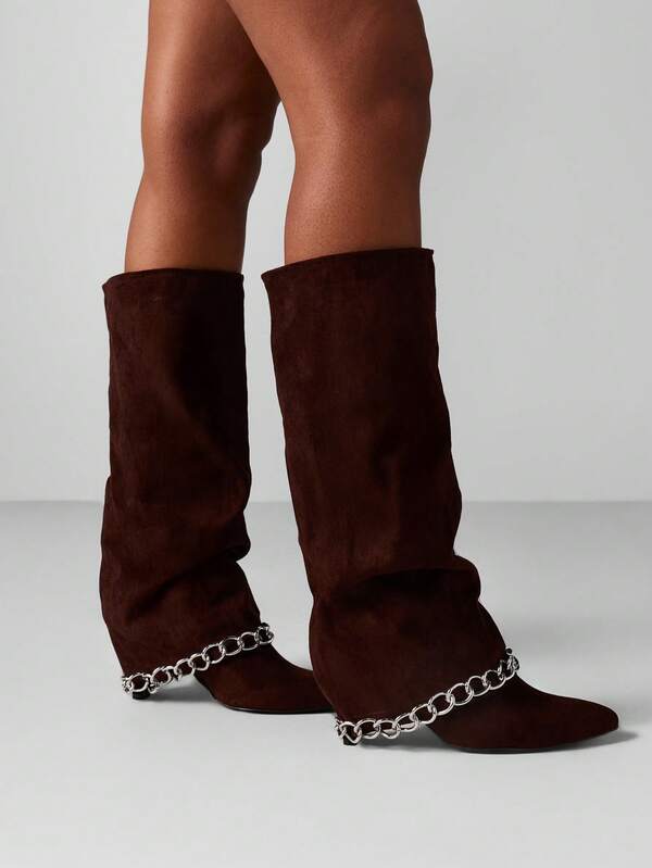 missguided MISSGUIDED Suede Knee High Boots With Chain Detail