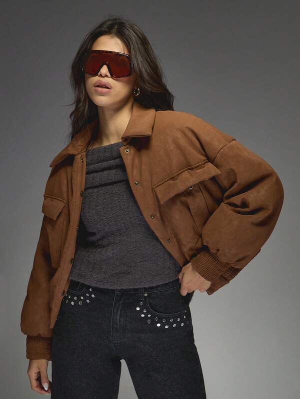 Missguided MISSGUIDED Suede Leather Bomber Jacket With Ribbed Cuffs Waistband