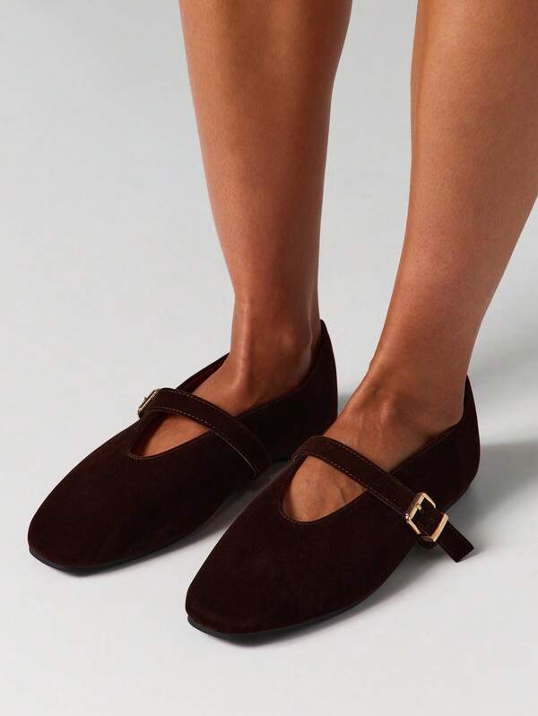 Missguided MISSGUIDED Suede Mary Jane Flats With Buckle Strap