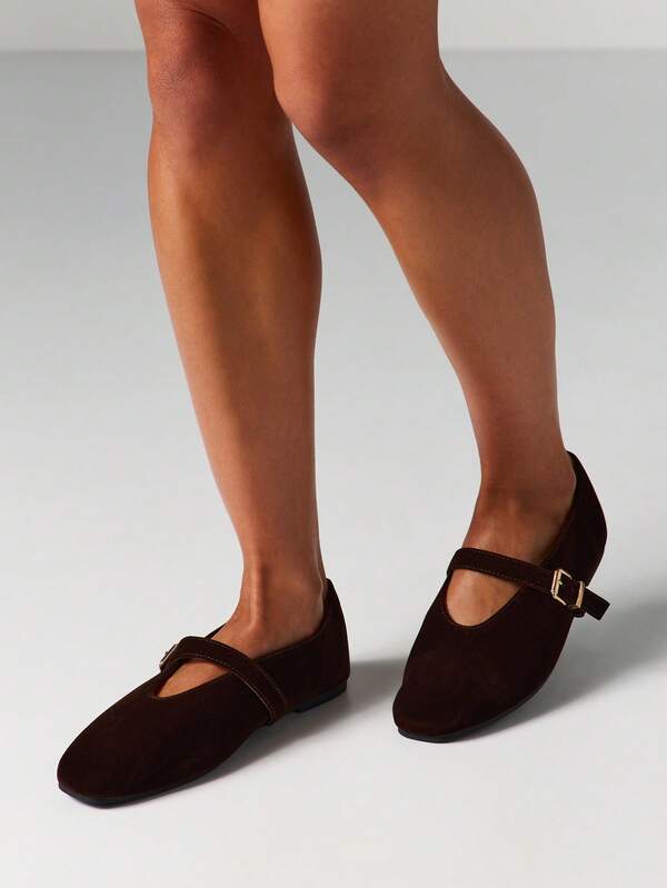 missguided MISSGUIDED Suede Mary Jane Flats With Buckle Strap