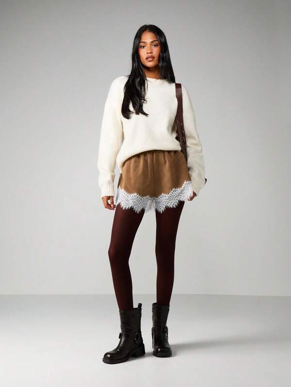 Missguided MISSGUIDED Suede Mini Shorts With Lace Trim